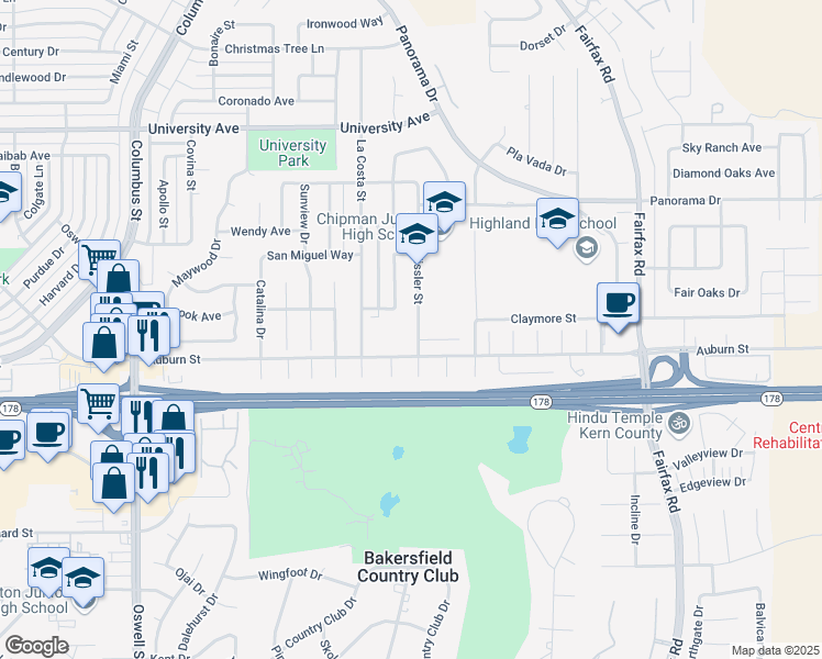 map of restaurants, bars, coffee shops, grocery stores, and more near 2708 Eissler Street in Bakersfield
