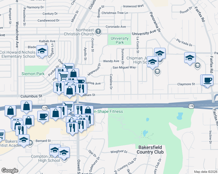 map of restaurants, bars, coffee shops, grocery stores, and more near 2801 Del Monte Drive in Bakersfield