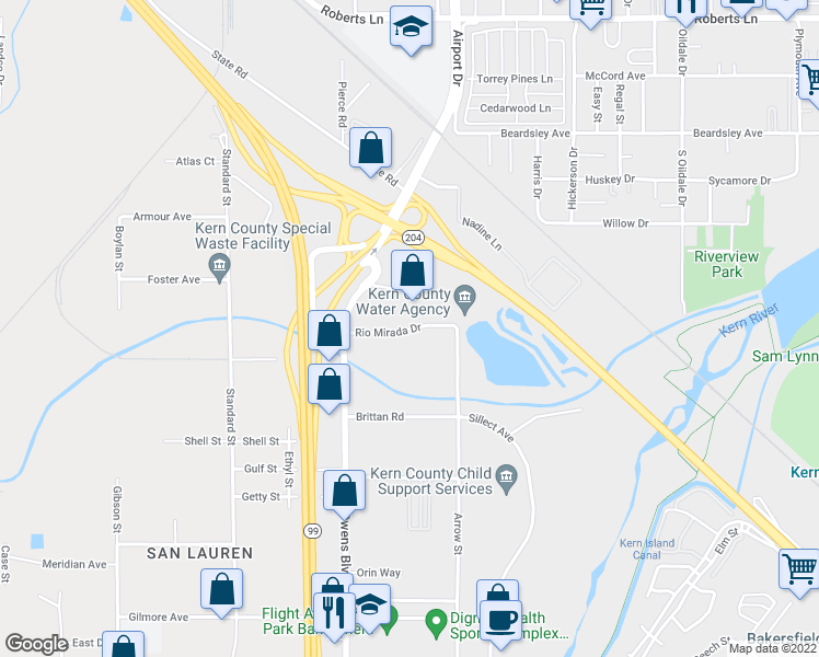 map of restaurants, bars, coffee shops, grocery stores, and more near 3233 Rio Mirada Drive in Bakersfield