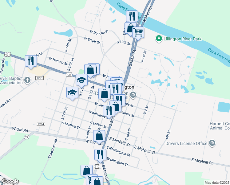 map of restaurants, bars, coffee shops, grocery stores, and more near 19 West Front Street in Lillington
