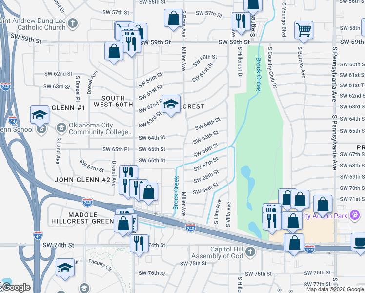 map of restaurants, bars, coffee shops, grocery stores, and more near 2704 Southwest 65th Street in Oklahoma City