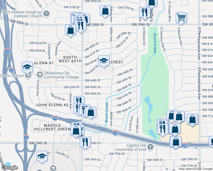 map of restaurants, bars, coffee shops, grocery stores, and more near 2704 Southwest 65th Street in Oklahoma City