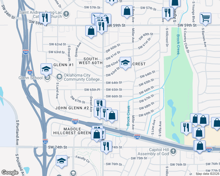 map of restaurants, bars, coffee shops, grocery stores, and more near 2825 Southwest 65th Street in Oklahoma City