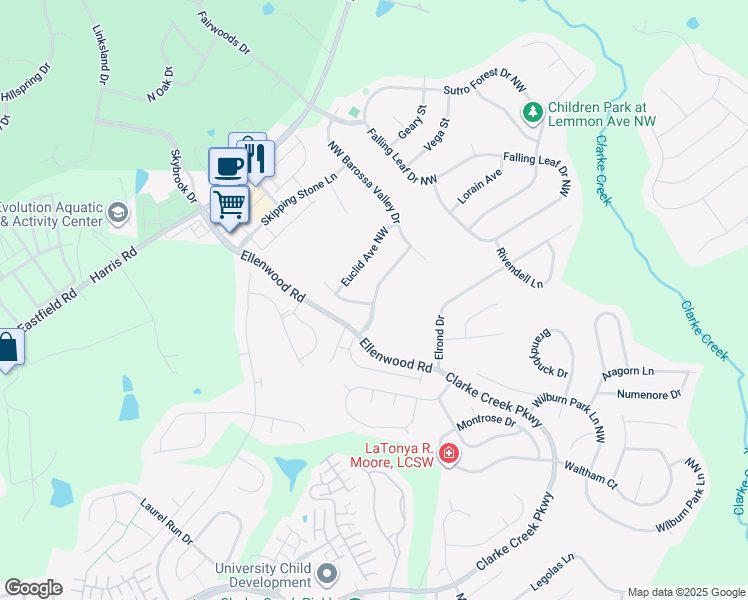 map of restaurants, bars, coffee shops, grocery stores, and more near 10636 NW Rippling Stream Dr in Concord
