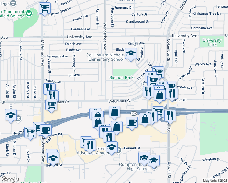map of restaurants, bars, coffee shops, grocery stores, and more near 3200 Harvard Drive in Bakersfield