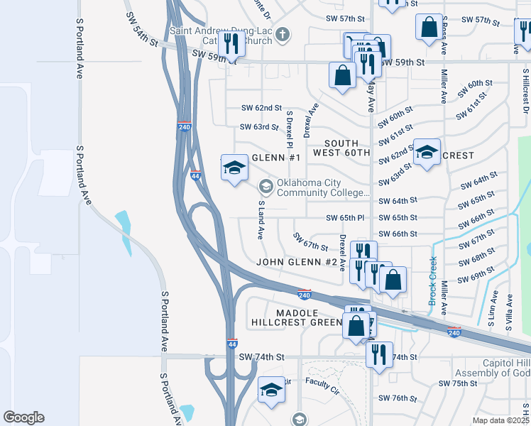 map of restaurants, bars, coffee shops, grocery stores, and more near 3137 Southwest 65th Place in Oklahoma City