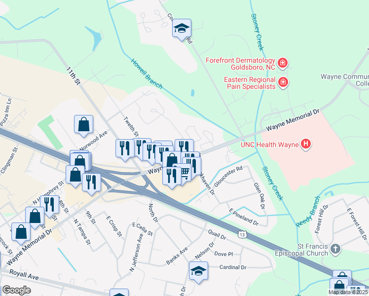 map of restaurants, bars, coffee shops, grocery stores, and more near 2203 Wayne Memorial Drive in Goldsboro