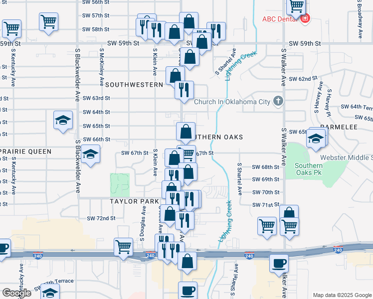 map of restaurants, bars, coffee shops, grocery stores, and more near 6720 South Western Avenue in Oklahoma City