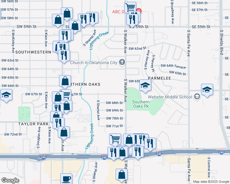 map of restaurants, bars, coffee shops, grocery stores, and more near 516 Southwest 67th Street in Oklahoma City
