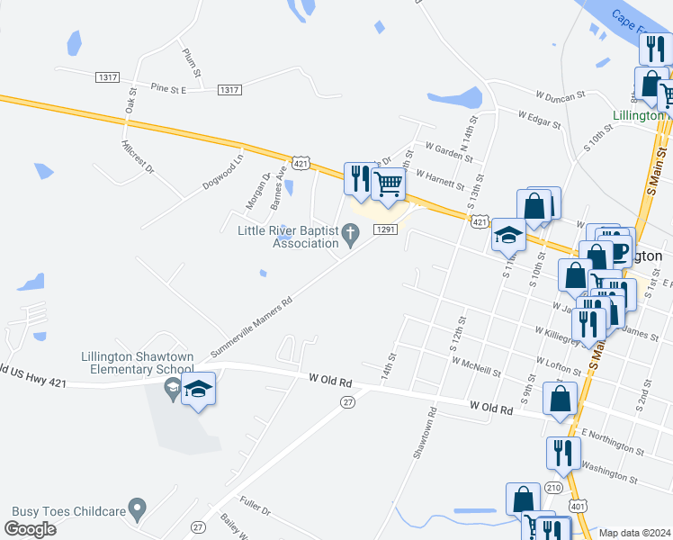 map of restaurants, bars, coffee shops, grocery stores, and more near 1055 Summerville Mamers Road in Lillington