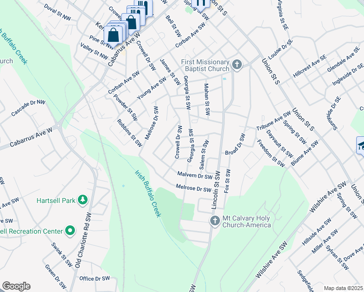map of restaurants, bars, coffee shops, grocery stores, and more near 250 Logan Avenue Southwest in Concord