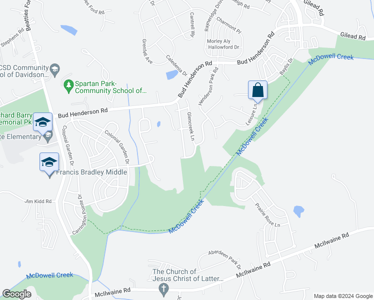 map of restaurants, bars, coffee shops, grocery stores, and more near 13412 Glenwyck Lane in Huntersville