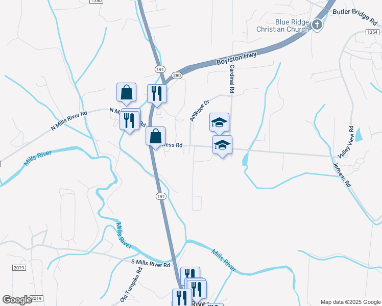 map of restaurants, bars, coffee shops, grocery stores, and more near 2165 Jeffress Road in Mills River