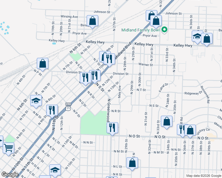 map of restaurants, bars, coffee shops, grocery stores, and more near 2018 North 13th Street in Fort Smith