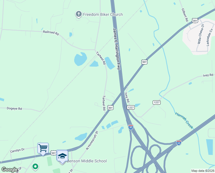 map of restaurants, bars, coffee shops, grocery stores, and more near 200 Tarheel Road in Benson