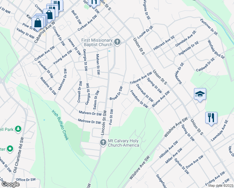 map of restaurants, bars, coffee shops, grocery stores, and more near 348 Broad Drive Southwest in Concord