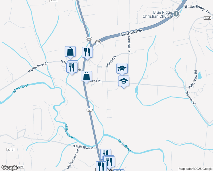 map of restaurants, bars, coffee shops, grocery stores, and more near 2165 Jeffress Road in Mills River
