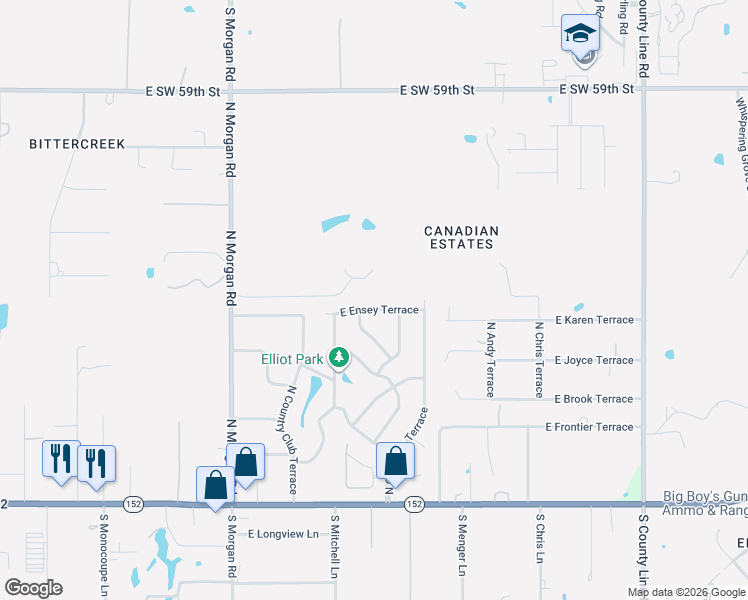 map of restaurants, bars, coffee shops, grocery stores, and more near 1931 East Ensey Terrace in Mustang