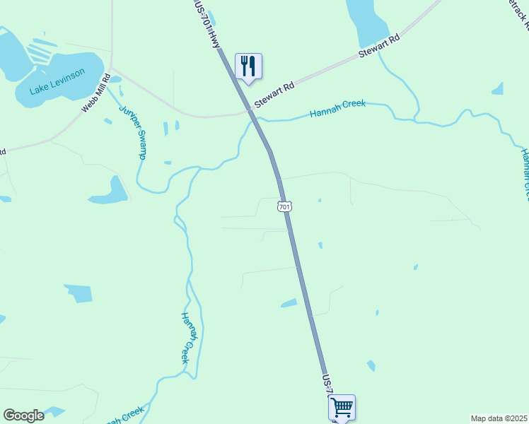 map of restaurants, bars, coffee shops, grocery stores, and more near 3550 Us Highway 701 South in Four Oaks