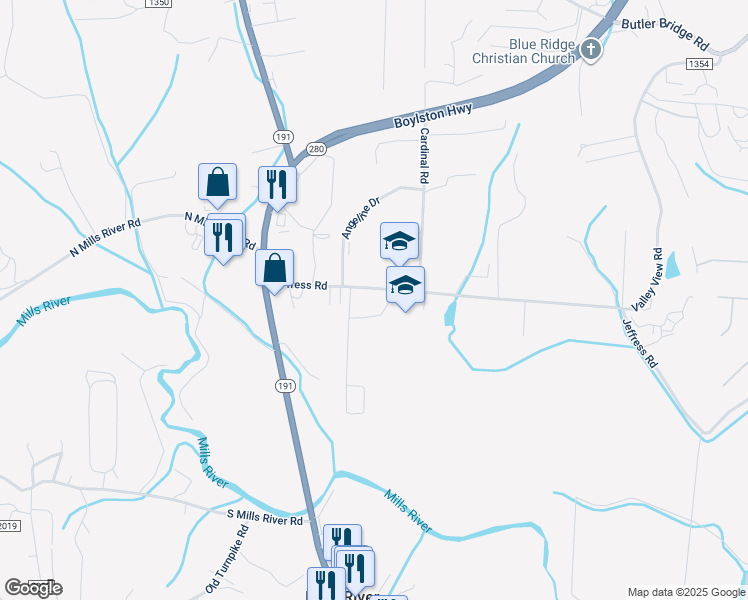 map of restaurants, bars, coffee shops, grocery stores, and more near 2165 Jeffress Road in Mills River