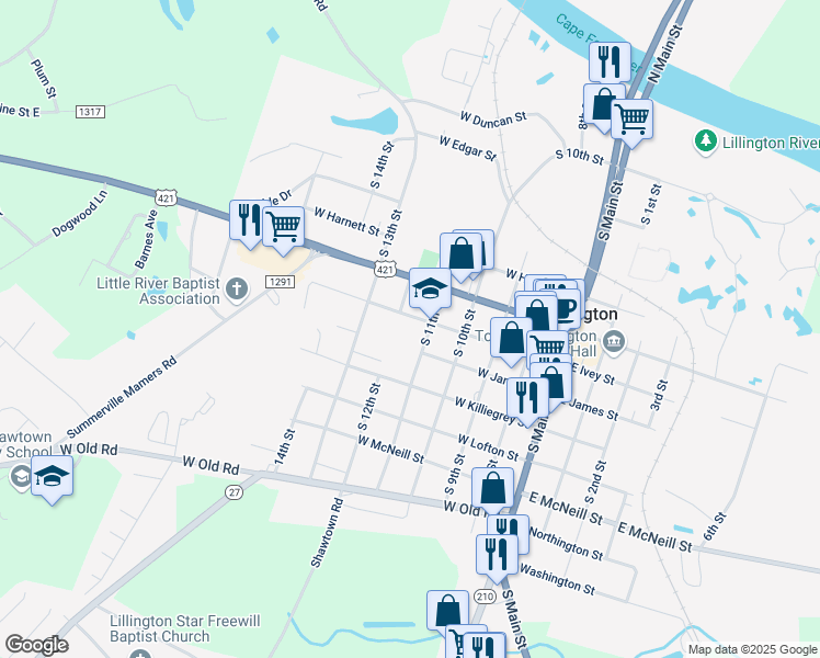 map of restaurants, bars, coffee shops, grocery stores, and more near 900 South 11th Street in Lillington