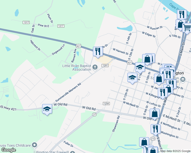 map of restaurants, bars, coffee shops, grocery stores, and more near 1055 Summerville Mamers Road in Lillington