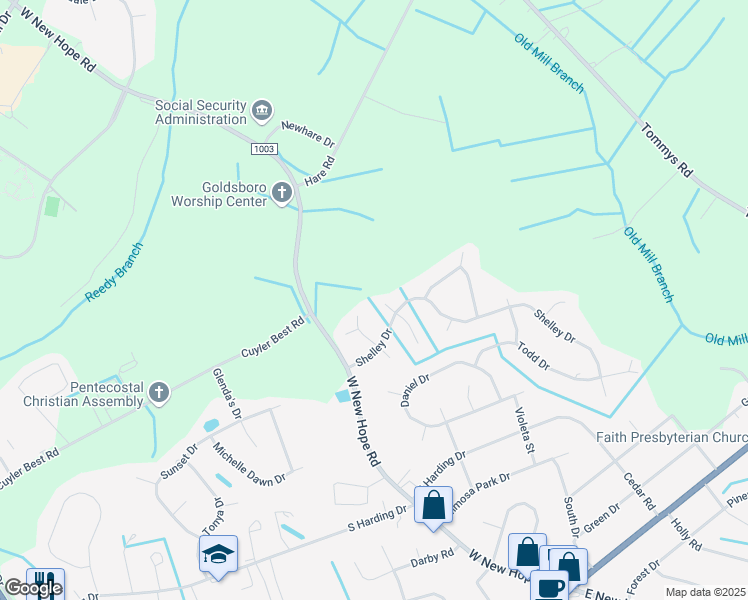 map of restaurants, bars, coffee shops, grocery stores, and more near 904 North Baines Place in Goldsboro