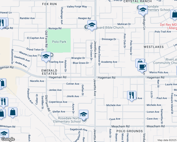 map of restaurants, bars, coffee shops, grocery stores, and more near 4201 Jewetta Avenue in Bakersfield