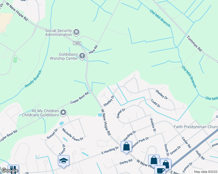 map of restaurants, bars, coffee shops, grocery stores, and more near 904 North Baines Place in Goldsboro
