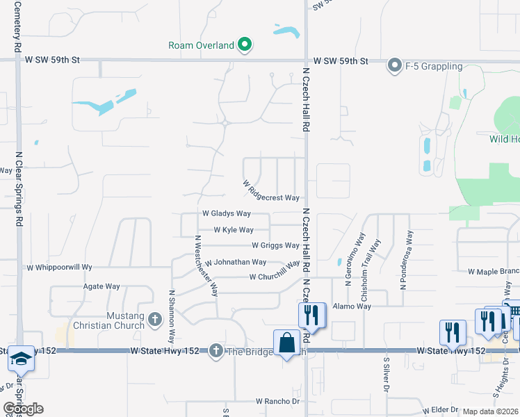 map of restaurants, bars, coffee shops, grocery stores, and more near 720 North Holli Way in Mustang