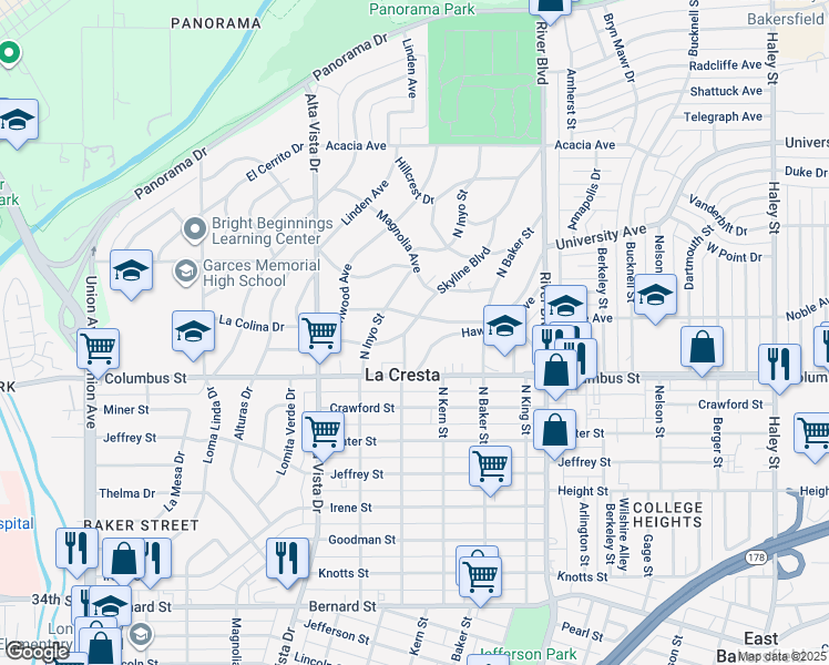 map of restaurants, bars, coffee shops, grocery stores, and more near 471 Poplar Avenue in Bakersfield