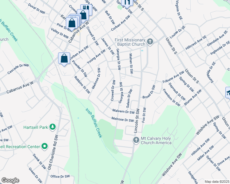 map of restaurants, bars, coffee shops, grocery stores, and more near 250 Logan Avenue Southwest in Concord