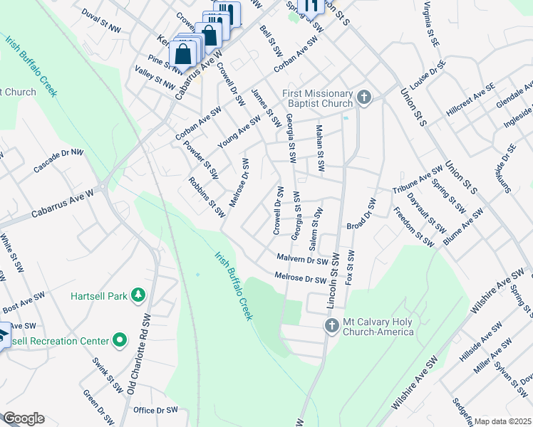 map of restaurants, bars, coffee shops, grocery stores, and more near 212 Shannon Drive Southwest in Concord