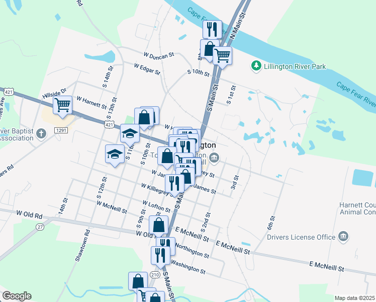map of restaurants, bars, coffee shops, grocery stores, and more near in Lillington