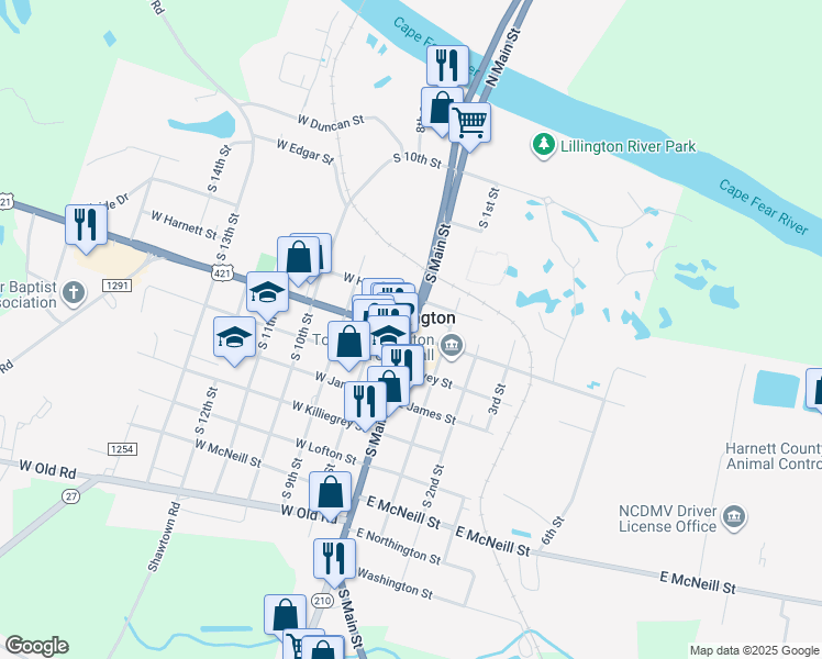 map of restaurants, bars, coffee shops, grocery stores, and more near 781 South Main Street in Lillington