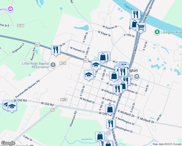 map of restaurants, bars, coffee shops, grocery stores, and more near 900 South 11th Street in Lillington