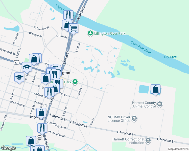 map of restaurants, bars, coffee shops, grocery stores, and more near 703 South 3rd Street in Lillington