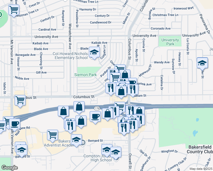 map of restaurants, bars, coffee shops, grocery stores, and more near 3600 Columbus Street in Bakersfield
