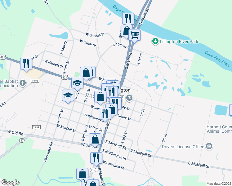 map of restaurants, bars, coffee shops, grocery stores, and more near 728 South Main Street in Lillington