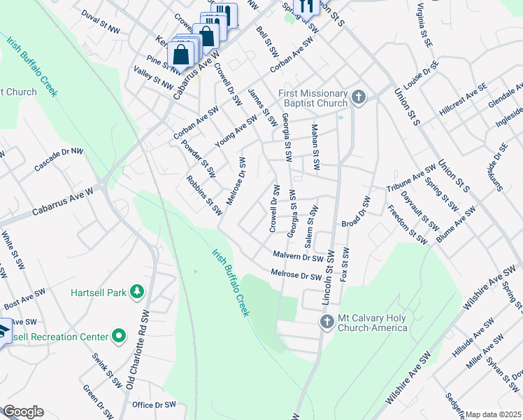 map of restaurants, bars, coffee shops, grocery stores, and more near 212 Shannon Drive Southwest in Concord