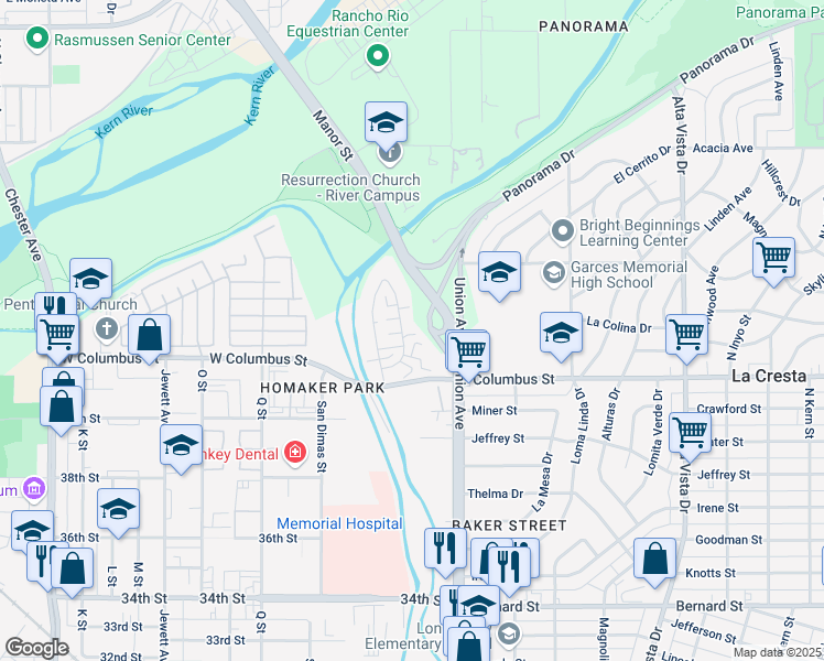 map of restaurants, bars, coffee shops, grocery stores, and more near 204 Jardin Court in Bakersfield