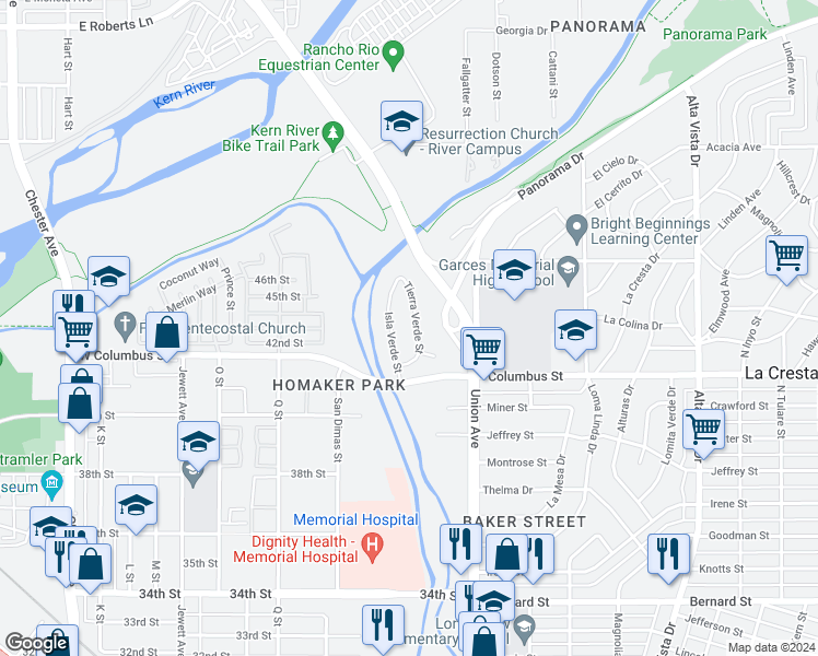 map of restaurants, bars, coffee shops, grocery stores, and more near 4300 Isla Verde Street in Bakersfield