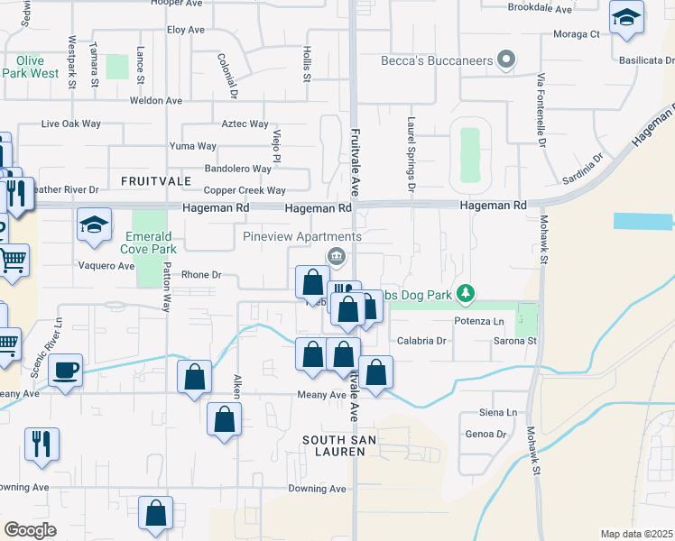 map of restaurants, bars, coffee shops, grocery stores, and more near 4301 Fruitvale Avenue in Bakersfield
