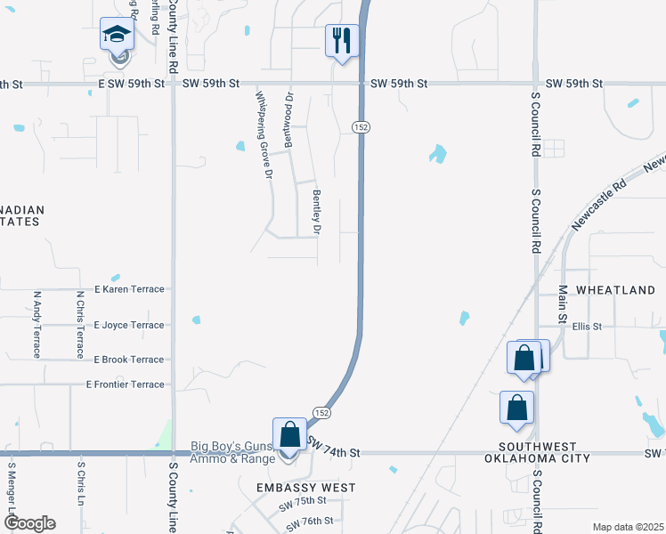 map of restaurants, bars, coffee shops, grocery stores, and more near 6625 Bent Wood Villas Drive in Oklahoma City