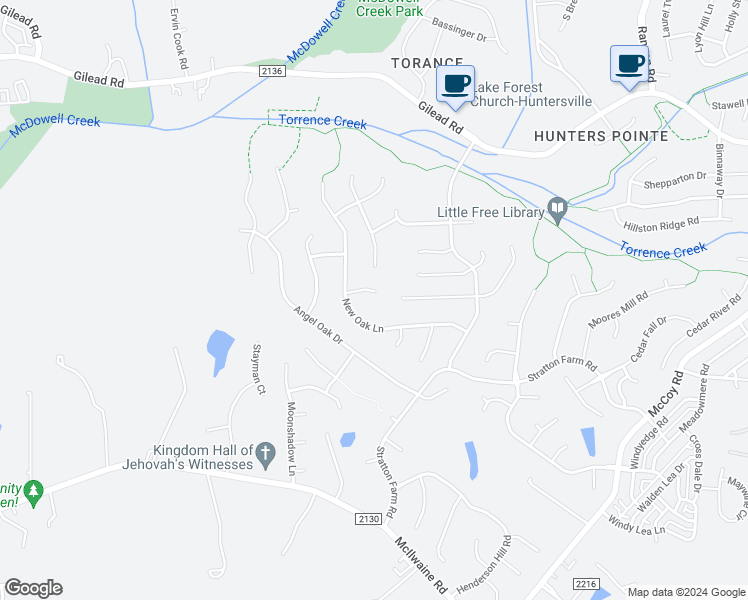 map of restaurants, bars, coffee shops, grocery stores, and more near 12626 Wild Lilac Court in Huntersville