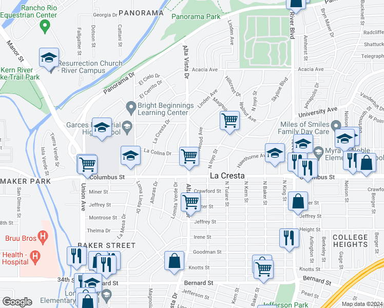 map of restaurants, bars, coffee shops, grocery stores, and more near 2801 Alta Vista Drive in Bakersfield