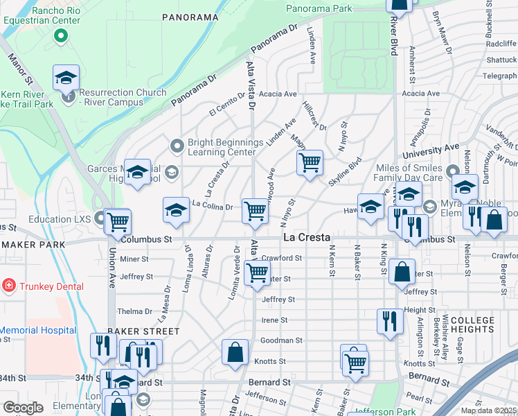map of restaurants, bars, coffee shops, grocery stores, and more near 2801 Alta Vista Drive in Bakersfield
