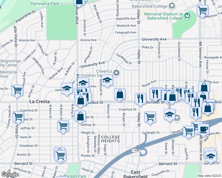 map of restaurants, bars, coffee shops, grocery stores, and more near 1101 Noble Avenue in Bakersfield