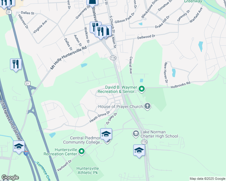 map of restaurants, bars, coffee shops, grocery stores, and more near 13764 Aldenbrook Drive in Huntersville