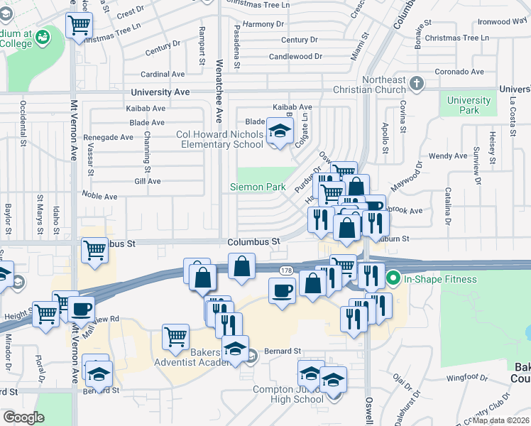 map of restaurants, bars, coffee shops, grocery stores, and more near 3312 Harvard Drive in Bakersfield